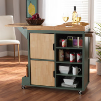 Baxton Studio RT670-OCC-Natural/Dark Green-Cart Dorthy Coastal and Farmhouse Two-tone Dark Green and Natural Wood Kitchen Storage Cart